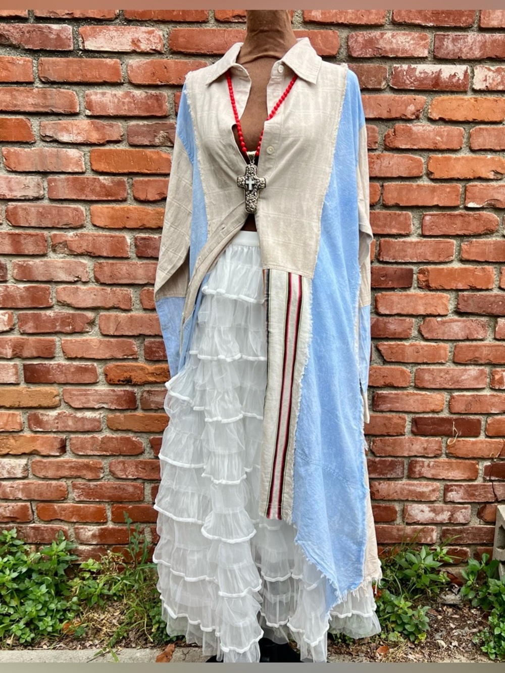 Rare Bird Light Blue and Cream Button Down Boho Southwestern Cotton Duster